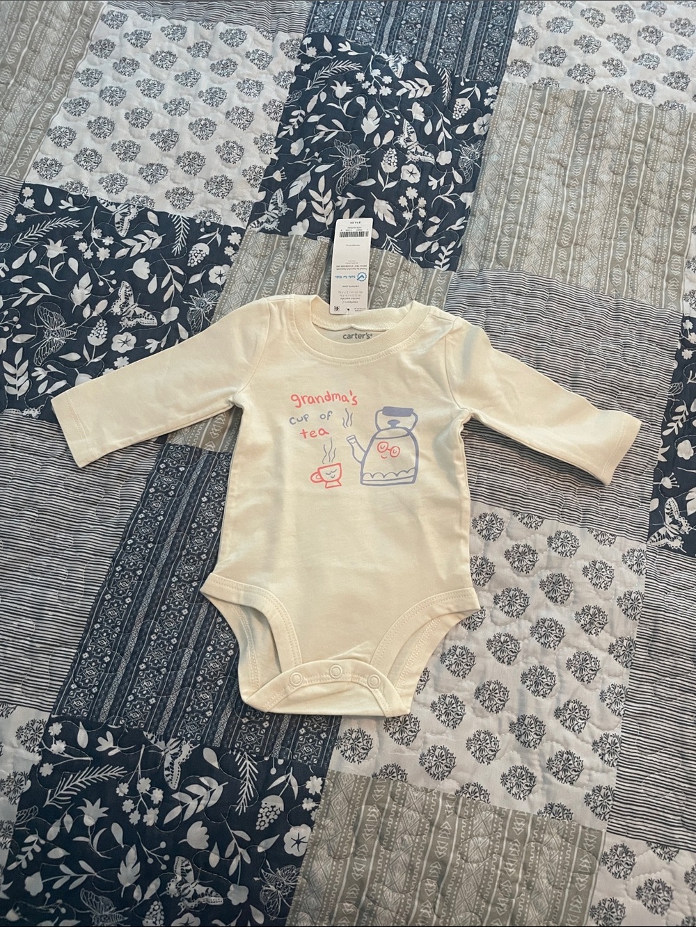 NWT Carter's Cream Long-Sleeve One-Piece with Tea Jar Graphic
